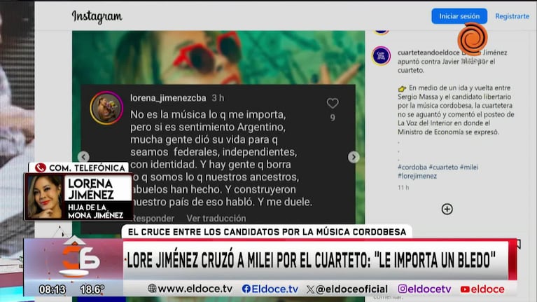 Lore Jiménez tras el cruce a Milei: “¿Qué molesta del cuarteto? No tiene sentido”