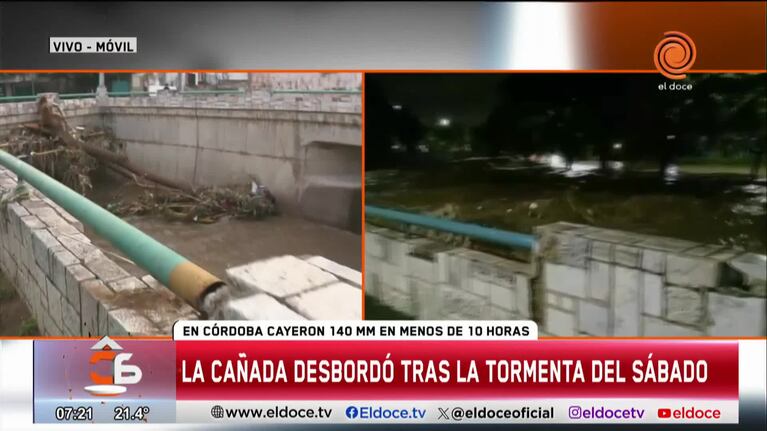 La Cañada desbordó por la lluvia y un árbol quedó atascado