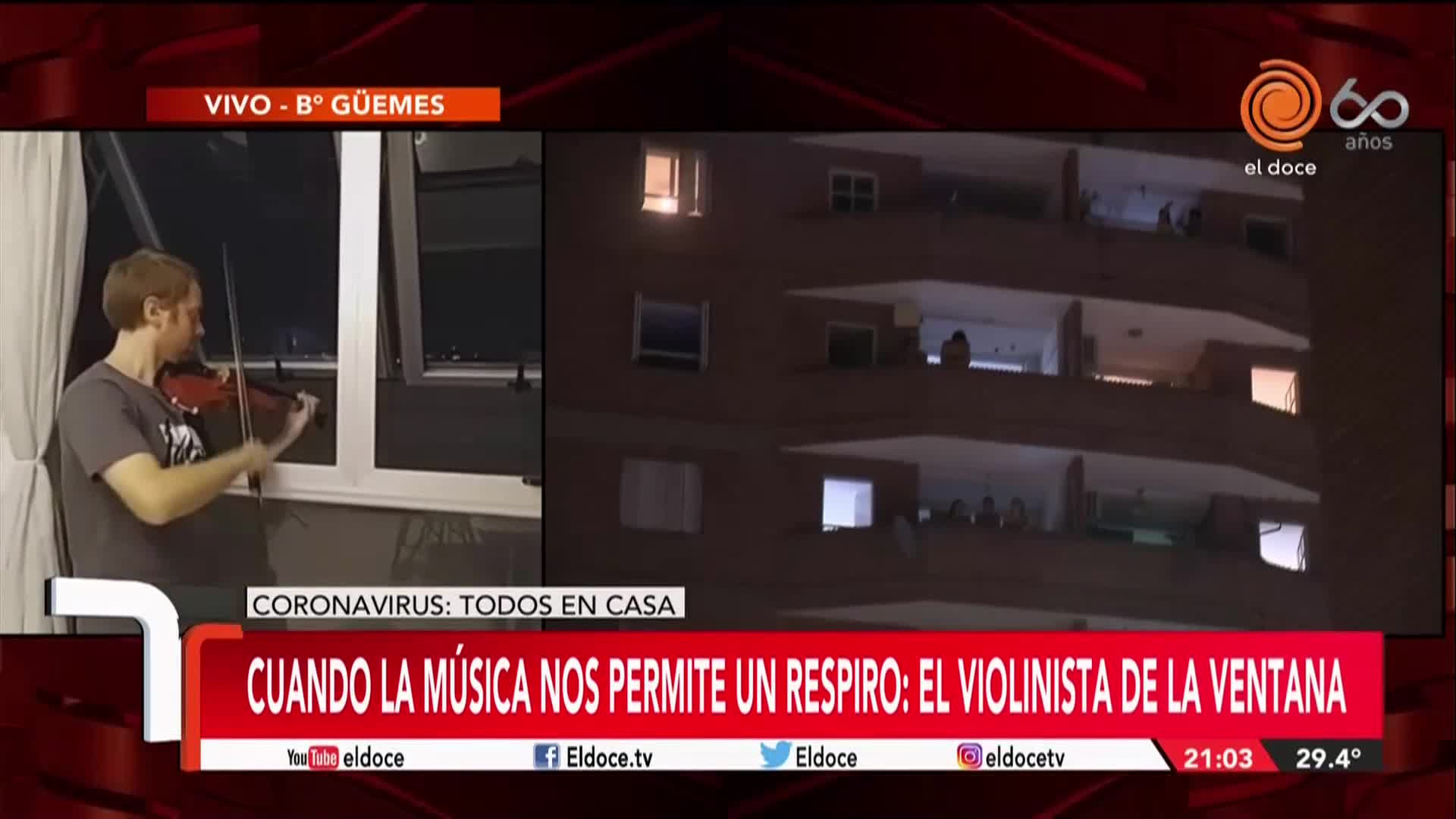 Salió al balcón para interpretar el Himno Nacional con su violín