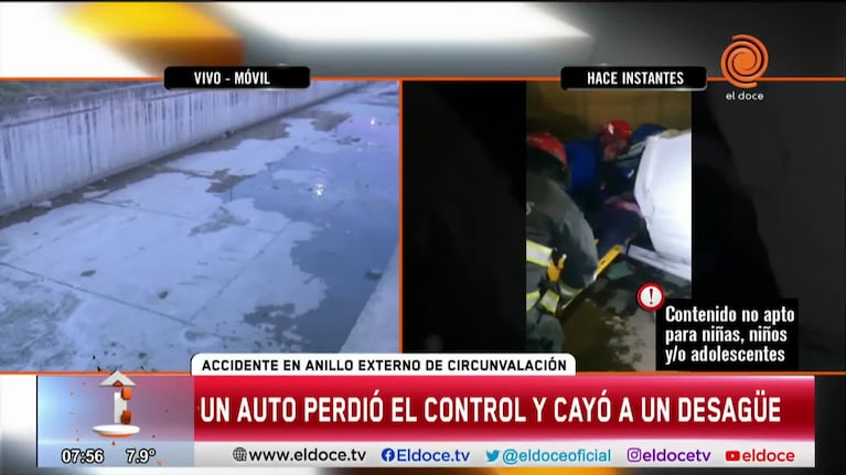 Perdió el control de su auto, tumbó y cayó a un desagüe