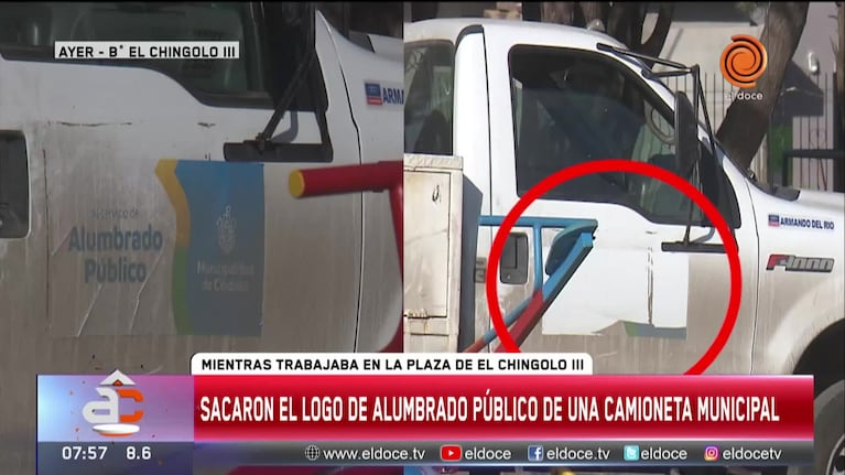 Arrancaron el logo municipal de la camioneta durante los arreglos en El Chingolo III