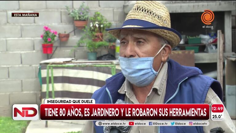 Motochoros le robaron las herramientas a un jardinero de 80 años