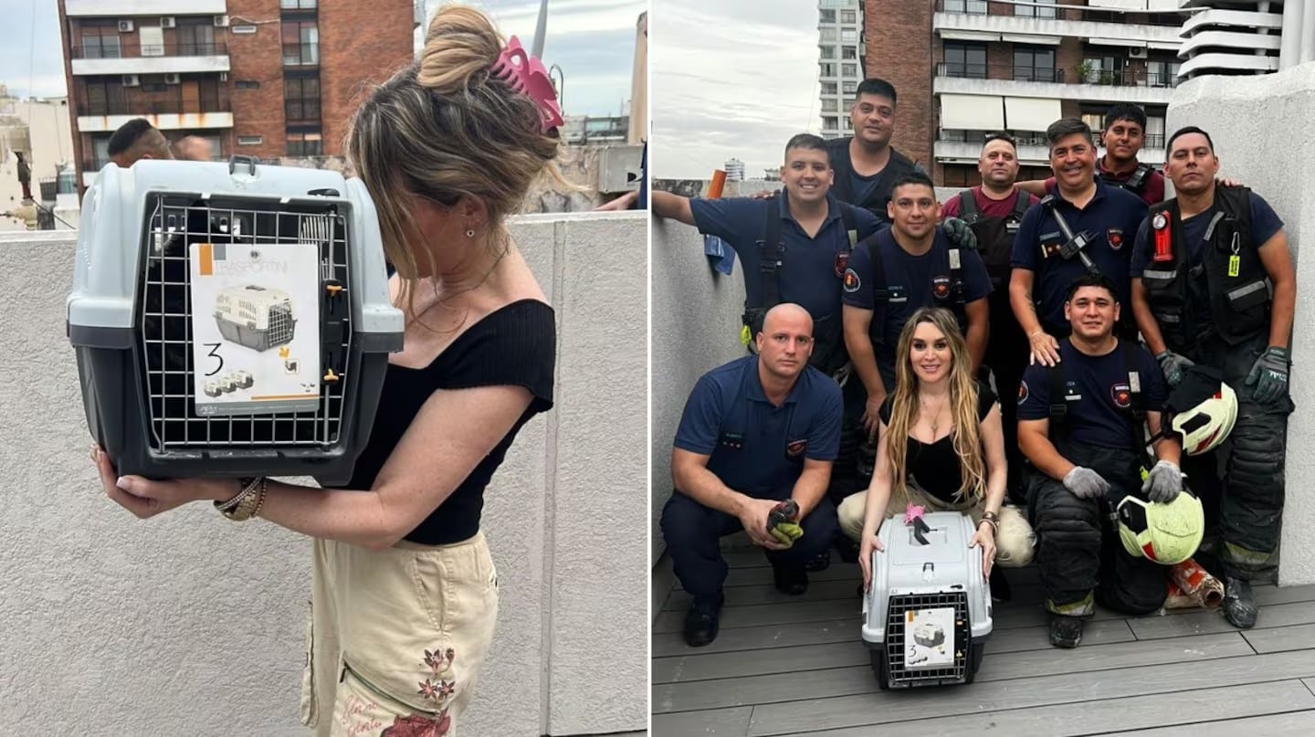 Fátima Florez junto a los bomberos que rescataron a su gatito