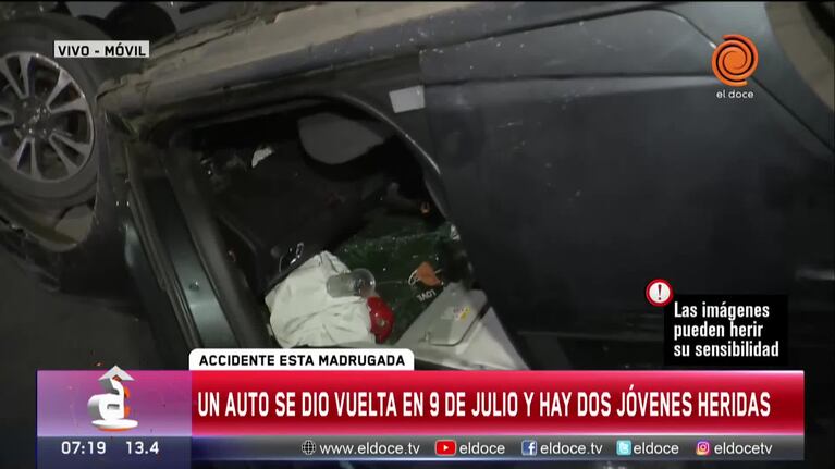 Perdió el control del auto, volcó y terminó con las ruedas para arriba