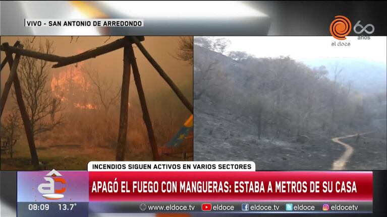 El incendio llegó a 30 metros de su casa: lo contuvo con su manguera