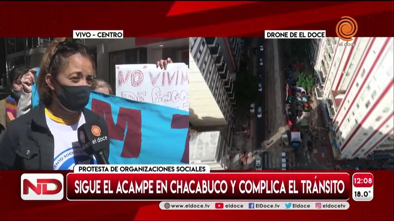 Siete cuadras de acampe: así se ve el centro desde el drone