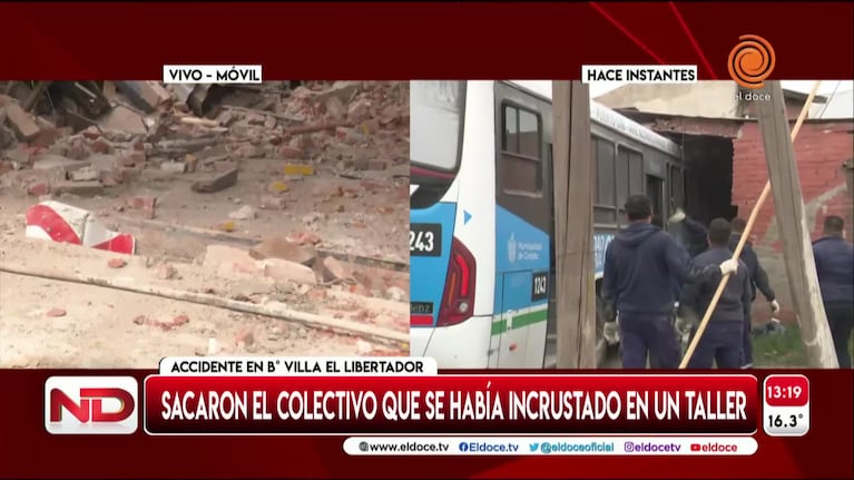 Así quedó el colectivo de Tamse que despistó y se incrustó en un galpón