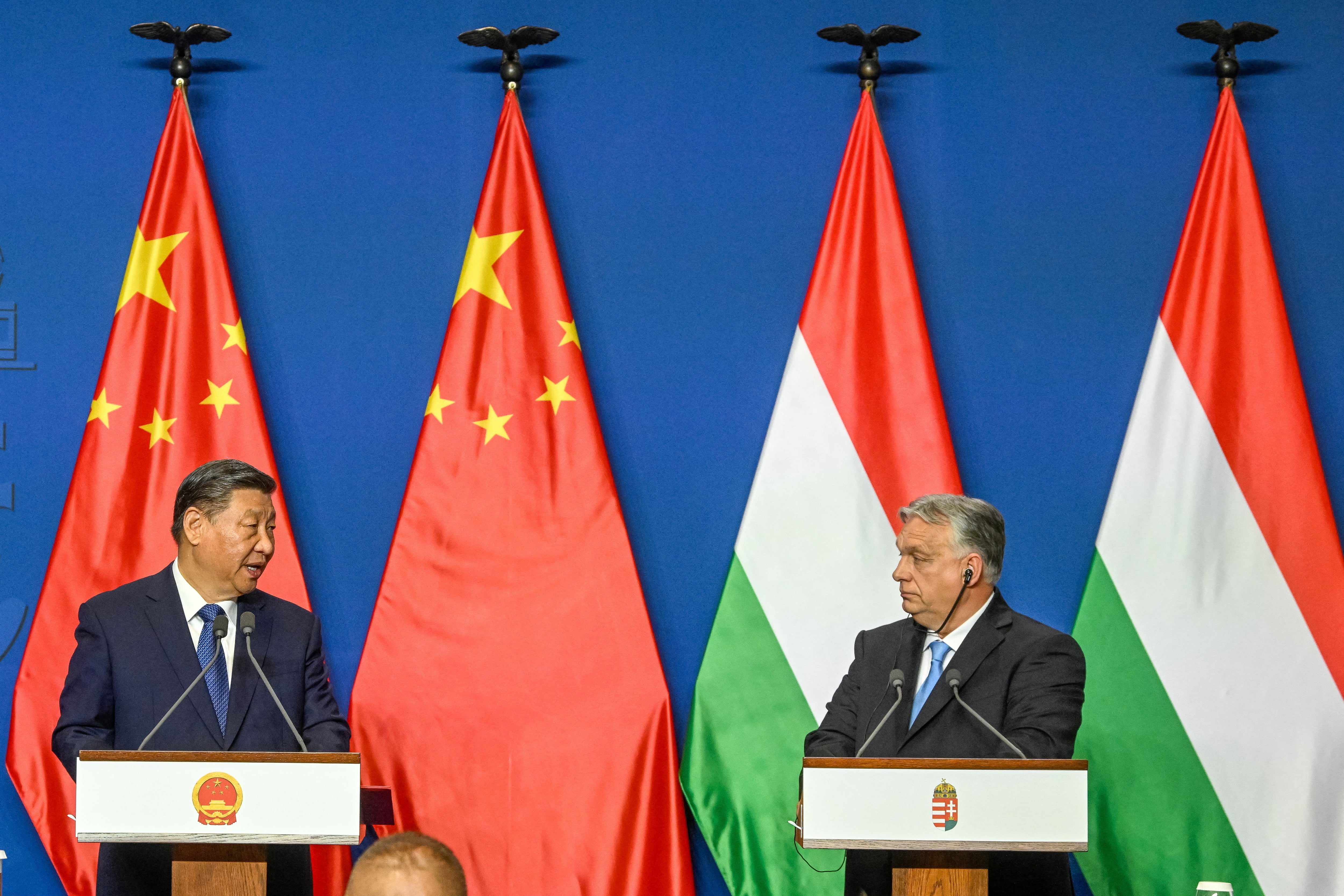 Hungarian Prime Minister Viktor Orban and Chinese President Xi Jinping hold a joint press conference at the Carmelite Monastery in Budapest, Hungary, May 9, 2024. Szilard Koszticsak/Pool via REUTERS