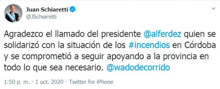 Incendios en Córdoba: Alberto Fernández llamó a Schiaretti y prometió seguir ayudando