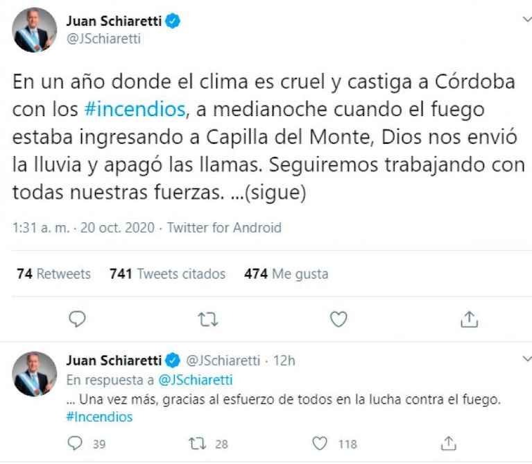 Incendios y polémica: Schiaretti agradeció a Dios por "apagar las llamas"