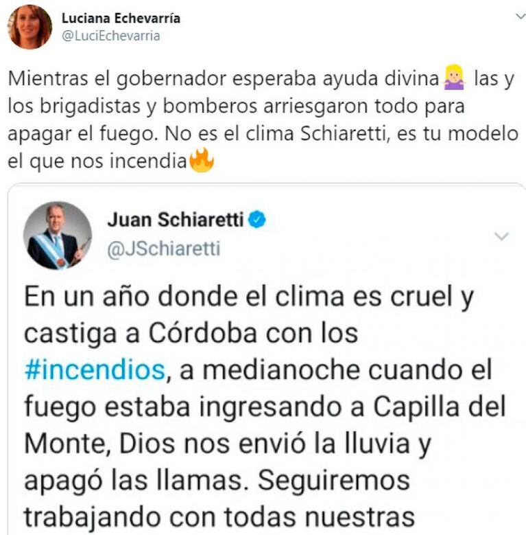 Incendios y polémica: Schiaretti agradeció a Dios por "apagar las llamas"