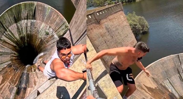 Influencer se cuelgan desde el barandal del Dique San Roque.