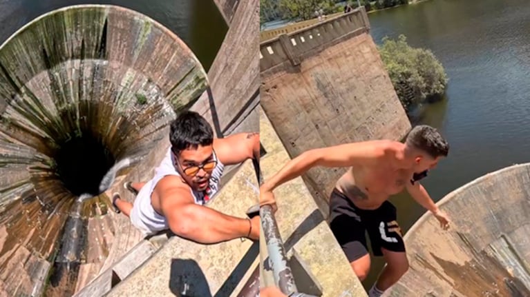 Influencer se cuelgan desde el barandal del Dique San Roque.