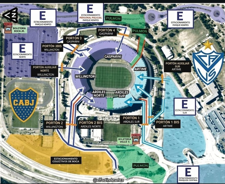 Ingresos y ubicaciones para las hinchadas de Boca y Vélez en el Kempes.