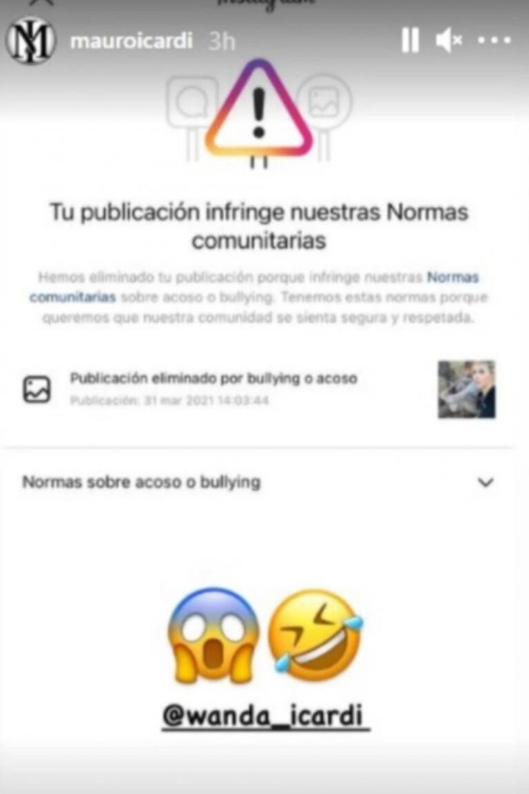 Instagram le bloqueó una publicación a Mauro Icardi por un comentario sobre Wanda Nara