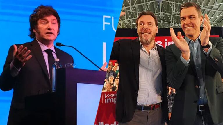 Javier Milei, el ministro de Transporte español, Oscar Puente, y el presidente Pedro Sánchez.