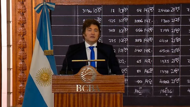 Javier Milei en la Bolsa de Comercio de Buenos Aires.