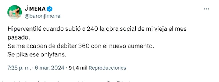 Jimena Barón en redes sociales. (Foto: Captura X /baronjimena)