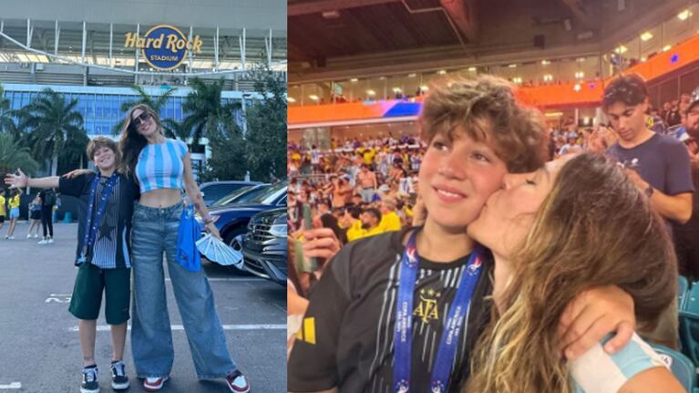 Jimena Barón junto a su hijo en la final de la Copa América.