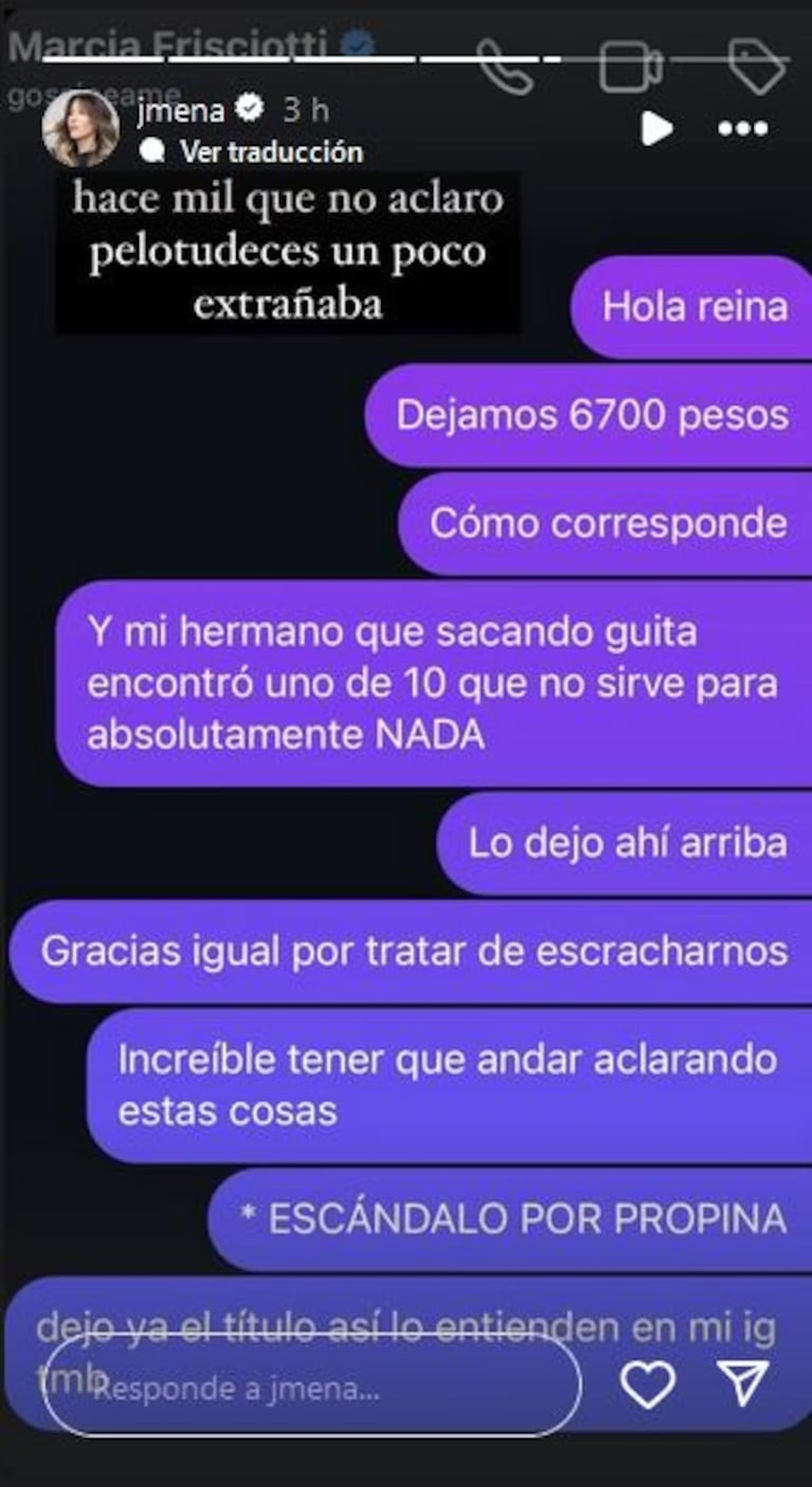 Jimena Barón le contestó a Gossipeame por el escándalo de la propina (Foto: Instagram / @jmena)