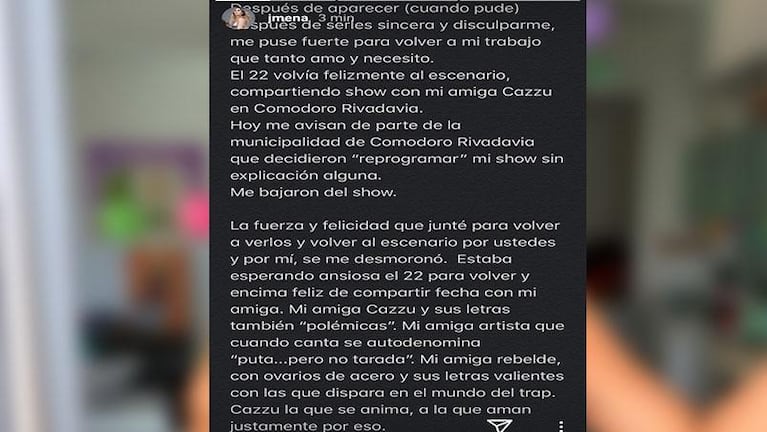 Jimena Barón no estará en Comodoro Rivadavia y denunció censura 