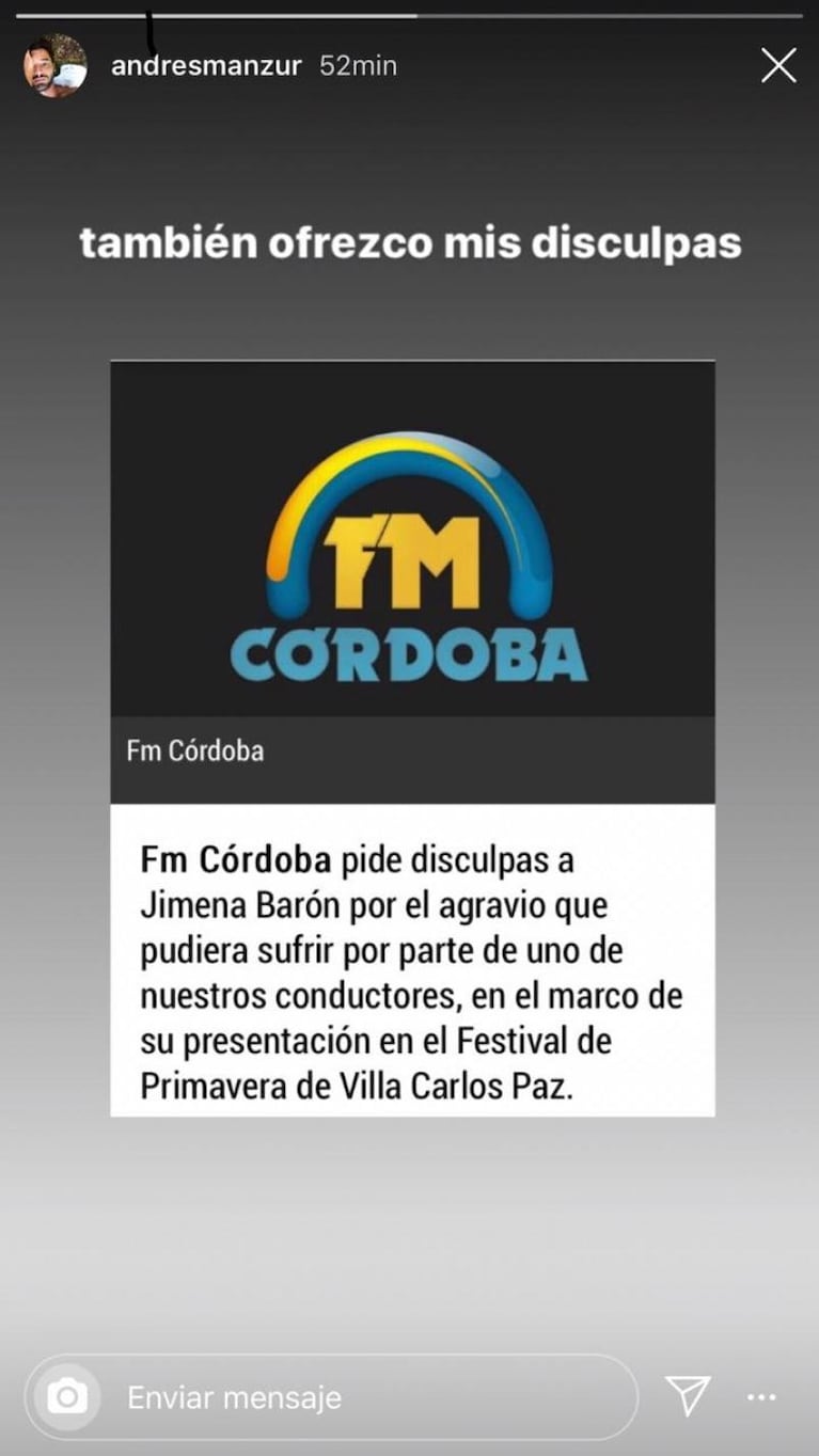 Jimena Barón repudió la presentación de su show en Carlos Paz y el locutor cordobés pidió disculpas