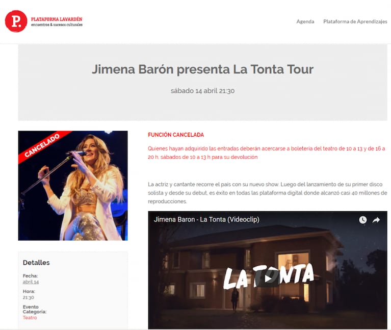 Jimena Barón suspende sus shows 