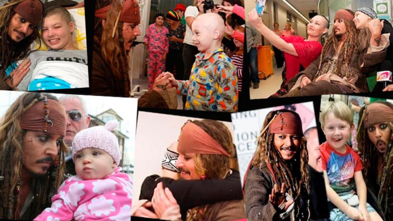 Johnny Depp, como Jack Sparrow con los niños que sufren cáncer. Foto : Ciudad .com
