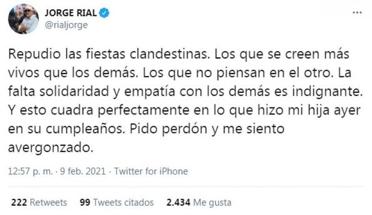 Jorge Rial repudió la fiesta de More en Carlos Paz: "Me siento avergonzado"