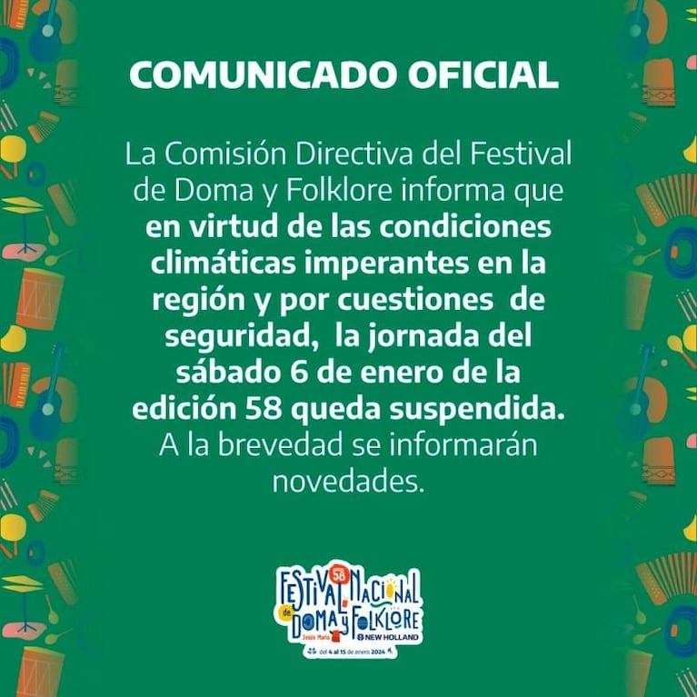 Jornada suspendida por la tormenta en el Festival de Jesús María: el comunicado