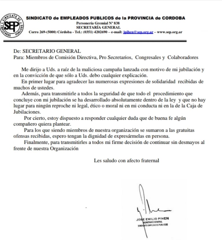 José Pihen se defendió tras la polémica por su jubilación: la carta del legislador y líder de la CGT