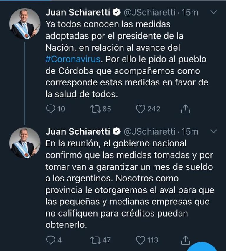 Juan Schiaretti habló tras el anuncio de cuarentena total en Argentina