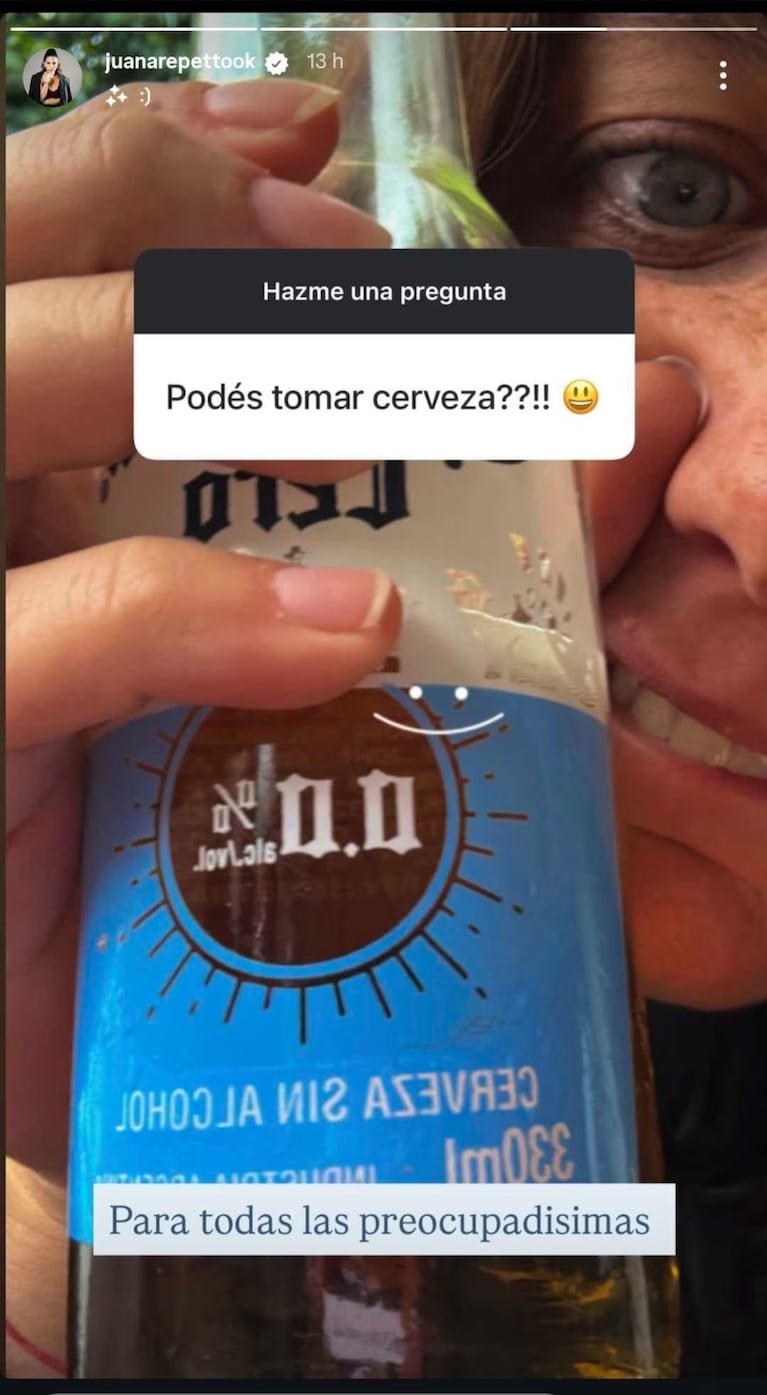 Juana Repetto mostró que estaba tomando cerveza sin alcohol.