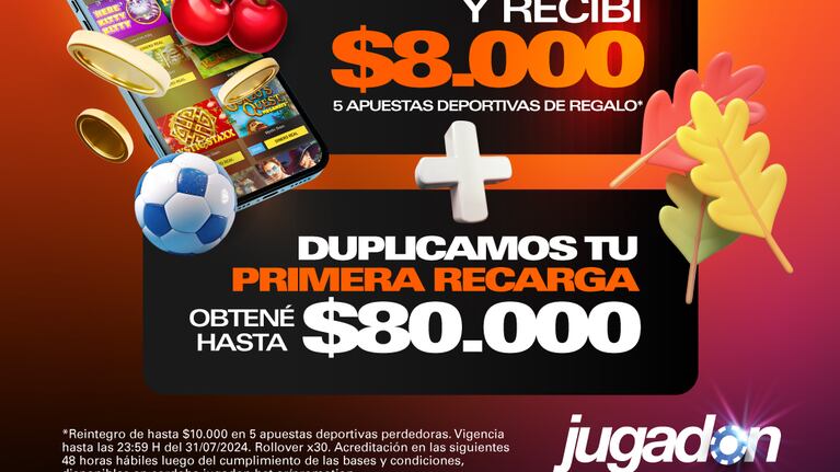 Jugadon ofrece a los nuevos usuarios de la Provincia de Córdoba un “Bono de Bienvenida”, obsequiando $8000 al registrar su cuenta, y también la posibilidad de “Duplicar la Primera Recarga”.