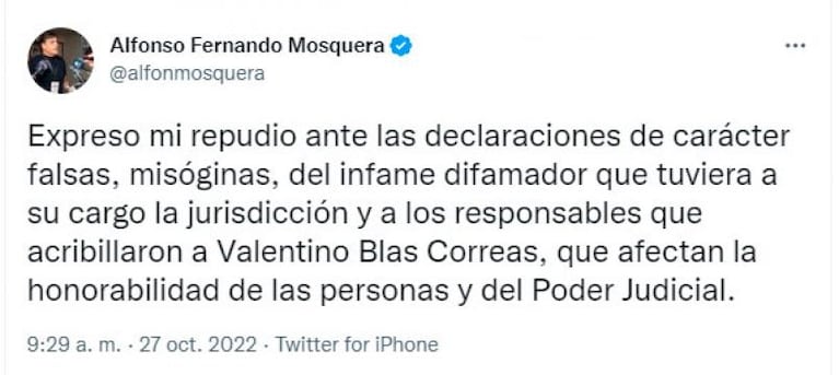 Juicio por Blas: Mosquera trató de "infame difamador" a Cumplido