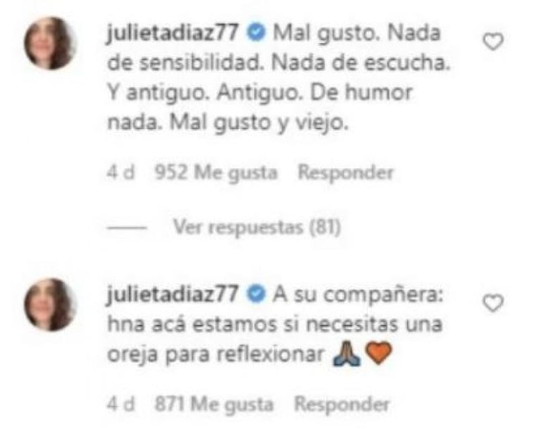 Julieta Díaz cuestionó un video de José María Listorti con su esposa y Mónica le respondió
