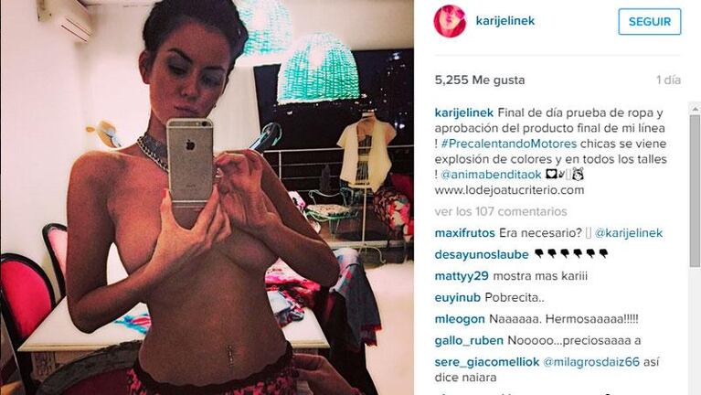 Karina Jelinek calentó las redes haciendo topless frente al espejo