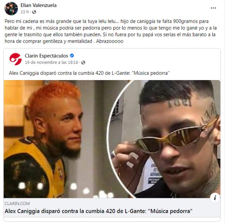 L-Gante y Alex Caniggia, enfrentados por la Cumbia 420: el picante cruce en redes