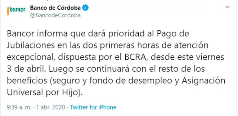 La aclaración del Banco de Córdoba sobre la atención desde el viernes