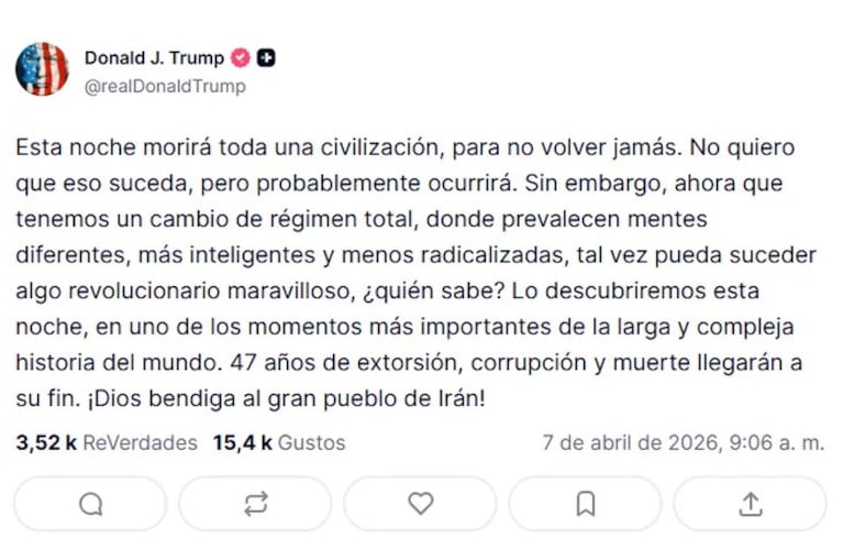 La advertencia de Trump antes del fin de su ultimátum: “Esta noche morirá toda una civilización”