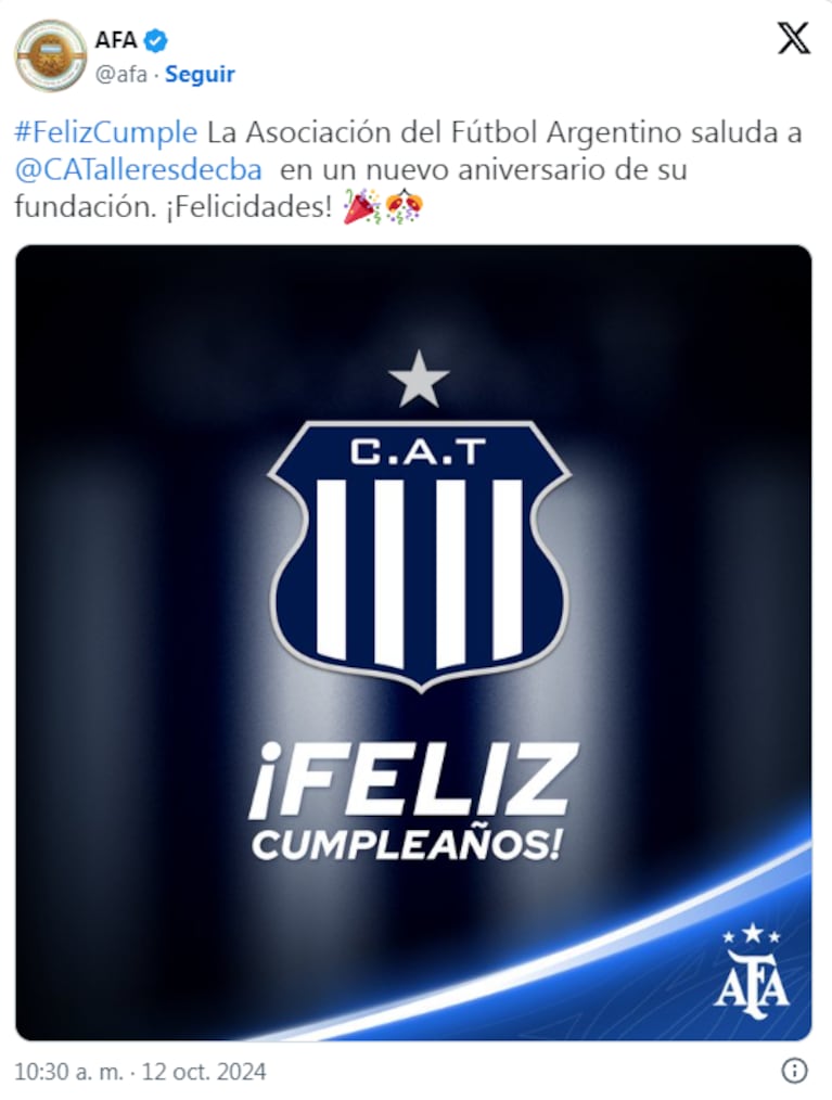 La AFA saludó a Talleres.