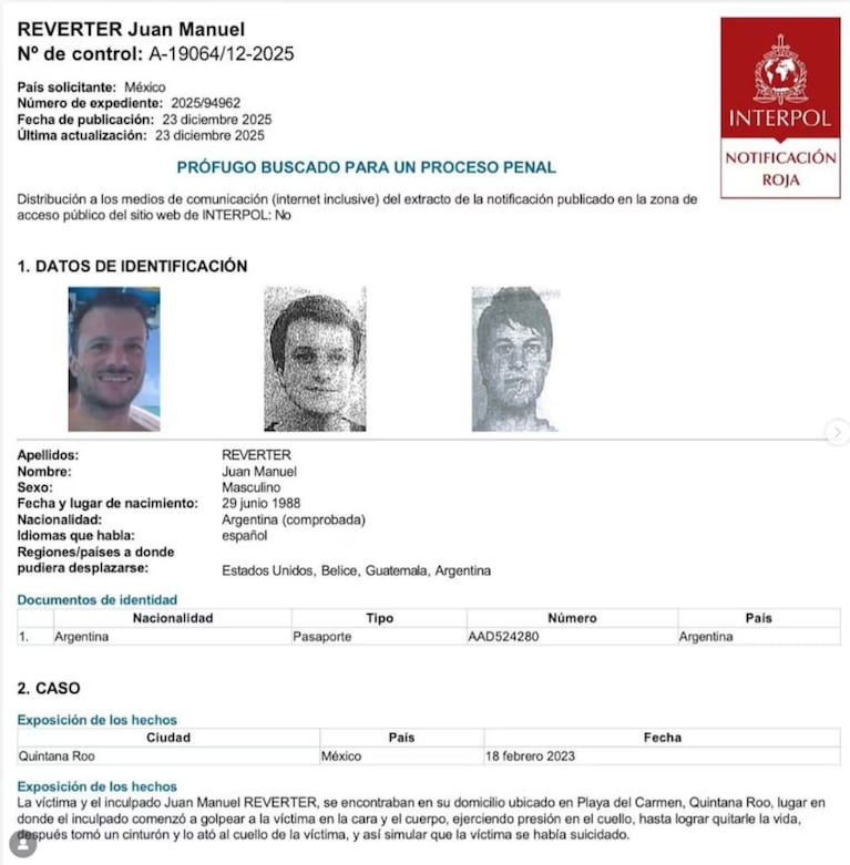 La alerta emitida por Interpol.