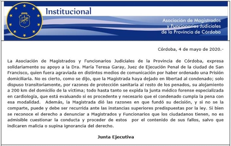 La Asociación de Magistrados apoyó a la jueza que le dio prisión domiciliaria a un violador