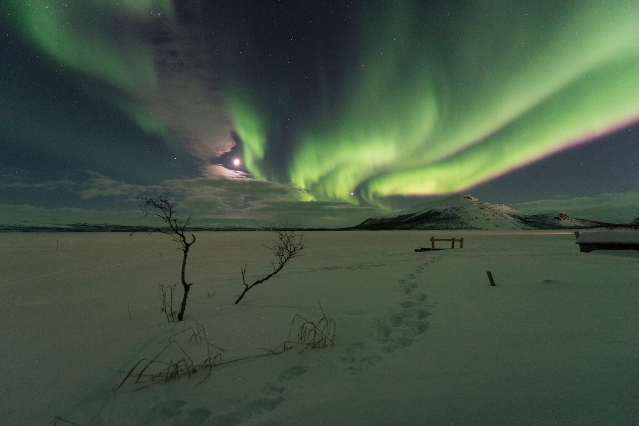 La aurora boreal y la luna en Kilpisjarvi, Finlandia. Foto: Lionel Peyraud.