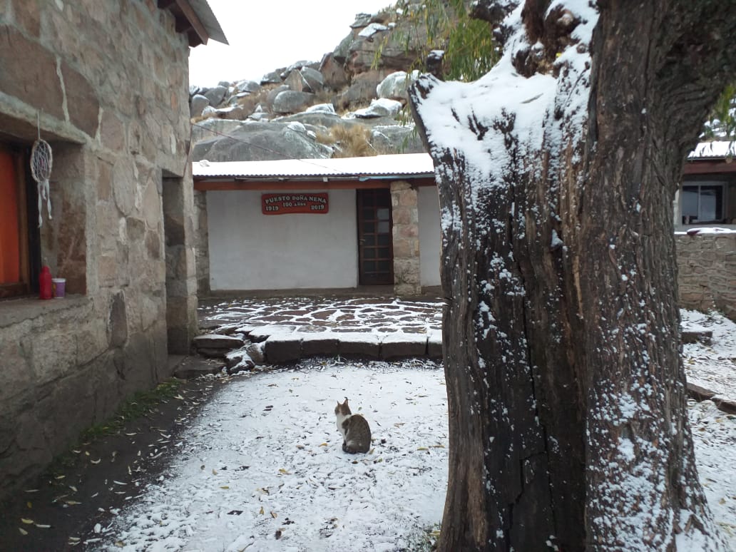 La base del Cerro Champaquí amaneció blanca. Foto enviada por Marina Polteau.