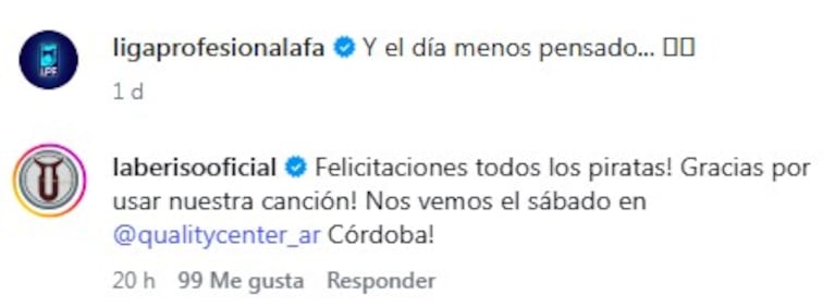 La Beriso felicitó a Belgrano pro el título obtenido.