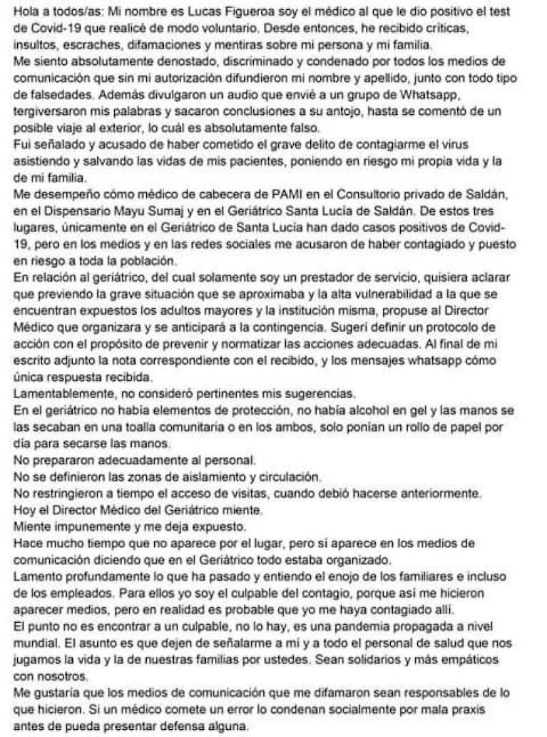 La carta abierta del médico de Saldán: "Me siento absolutamente discriminado"