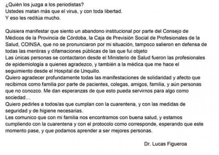 La carta abierta del médico de Saldán: "Me siento absolutamente discriminado"