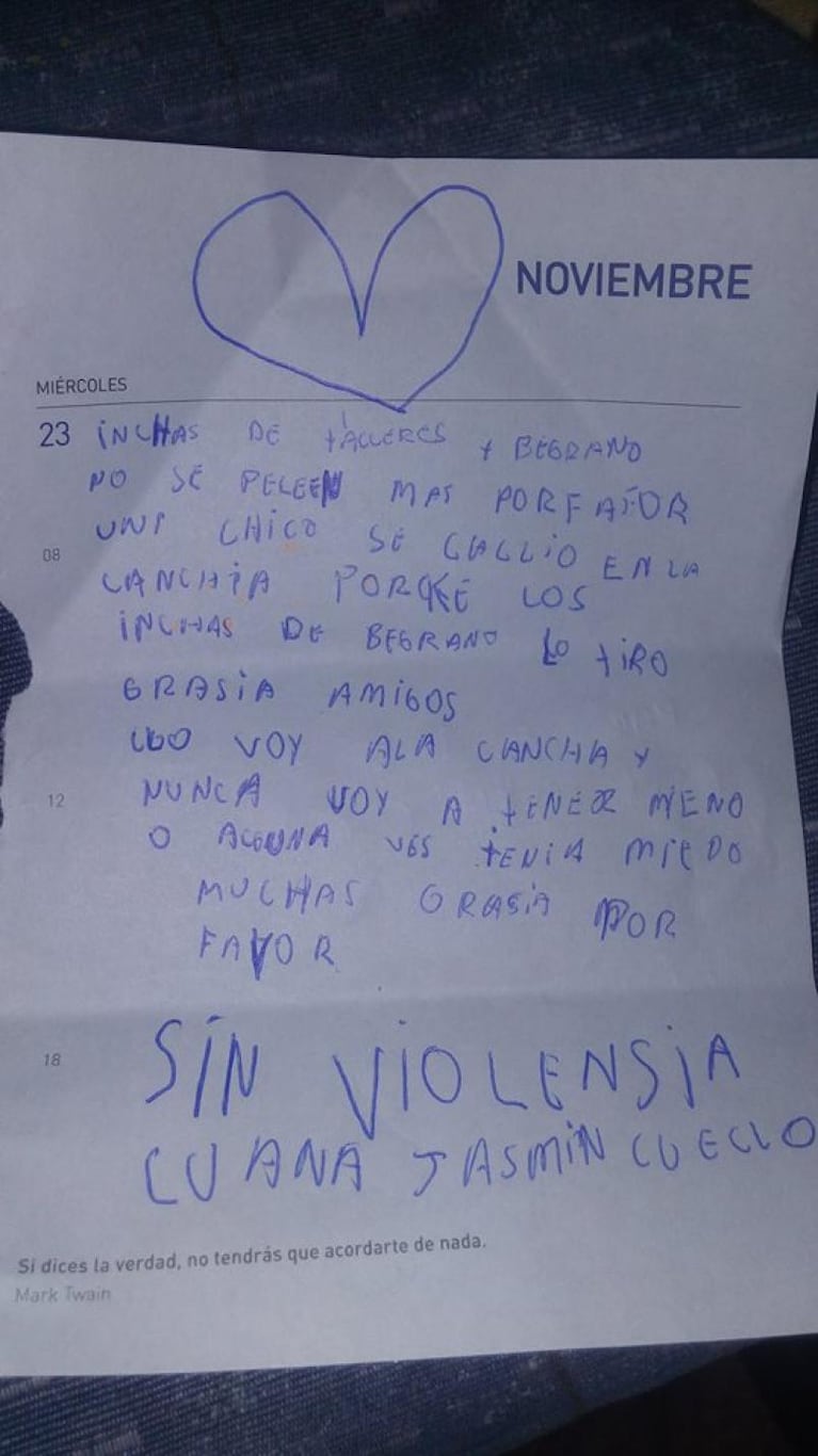 La carta de la nena que pidió por un fútbol "sin violencia"