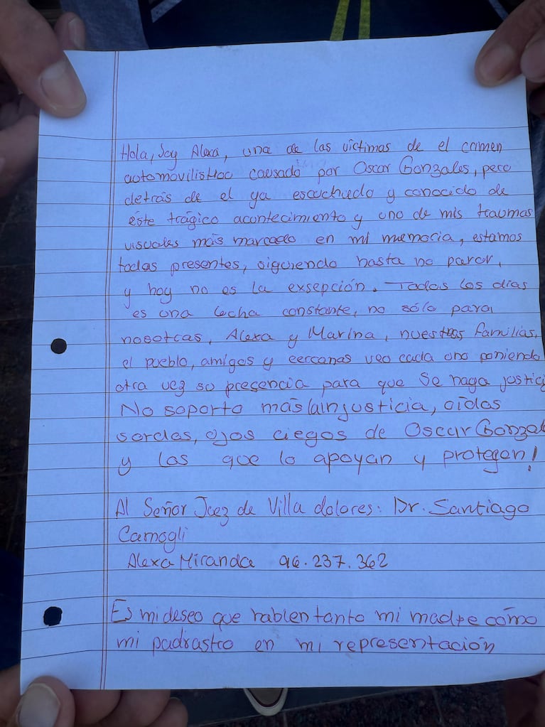 La carta que Alexa escribió de puño y letra.